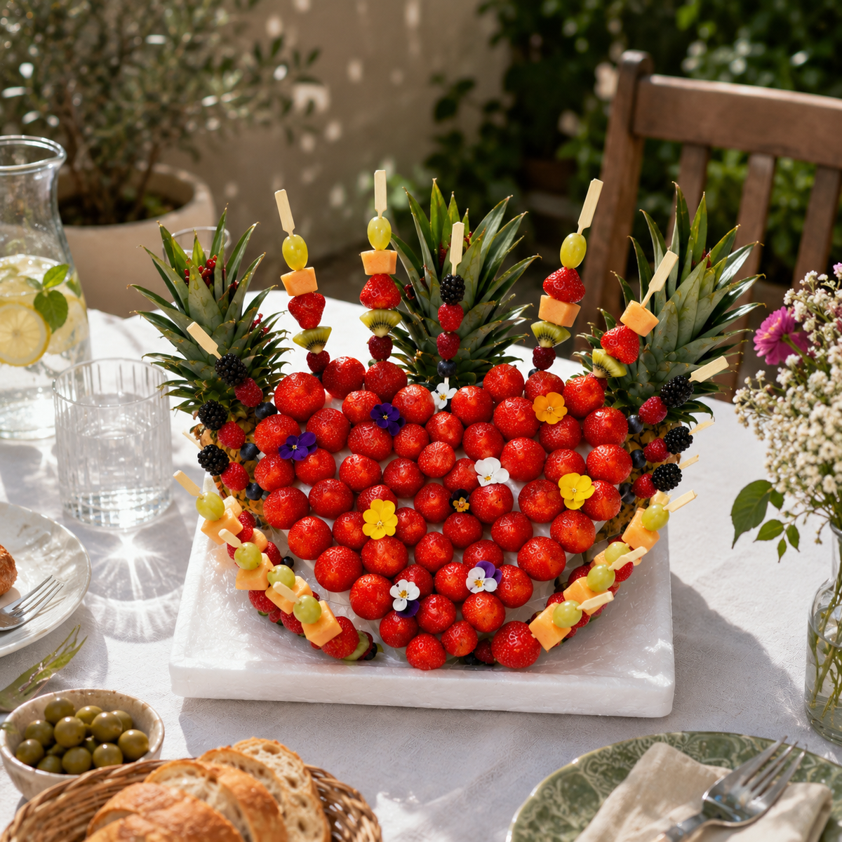Coeur de fraise et brochettes de fruits