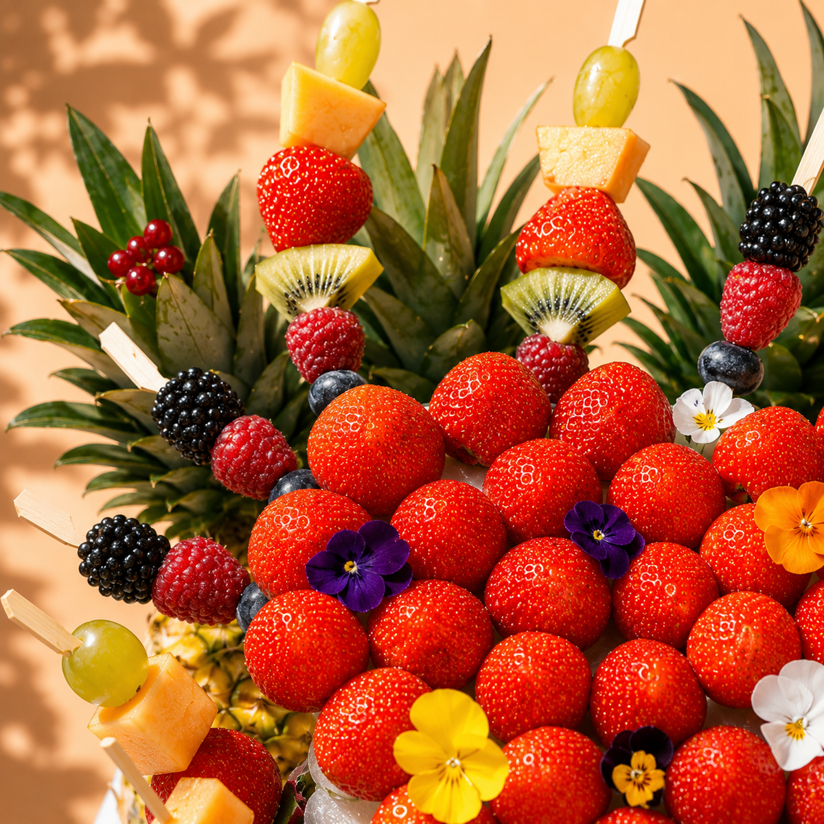 Coeur de fraise et brochettes de fruits